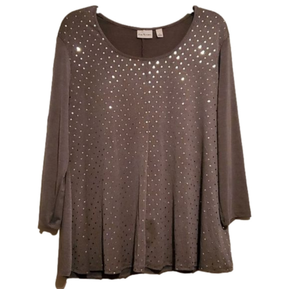 NWT Kim Rogers Grey Accent Polished Knit Blouse Size L